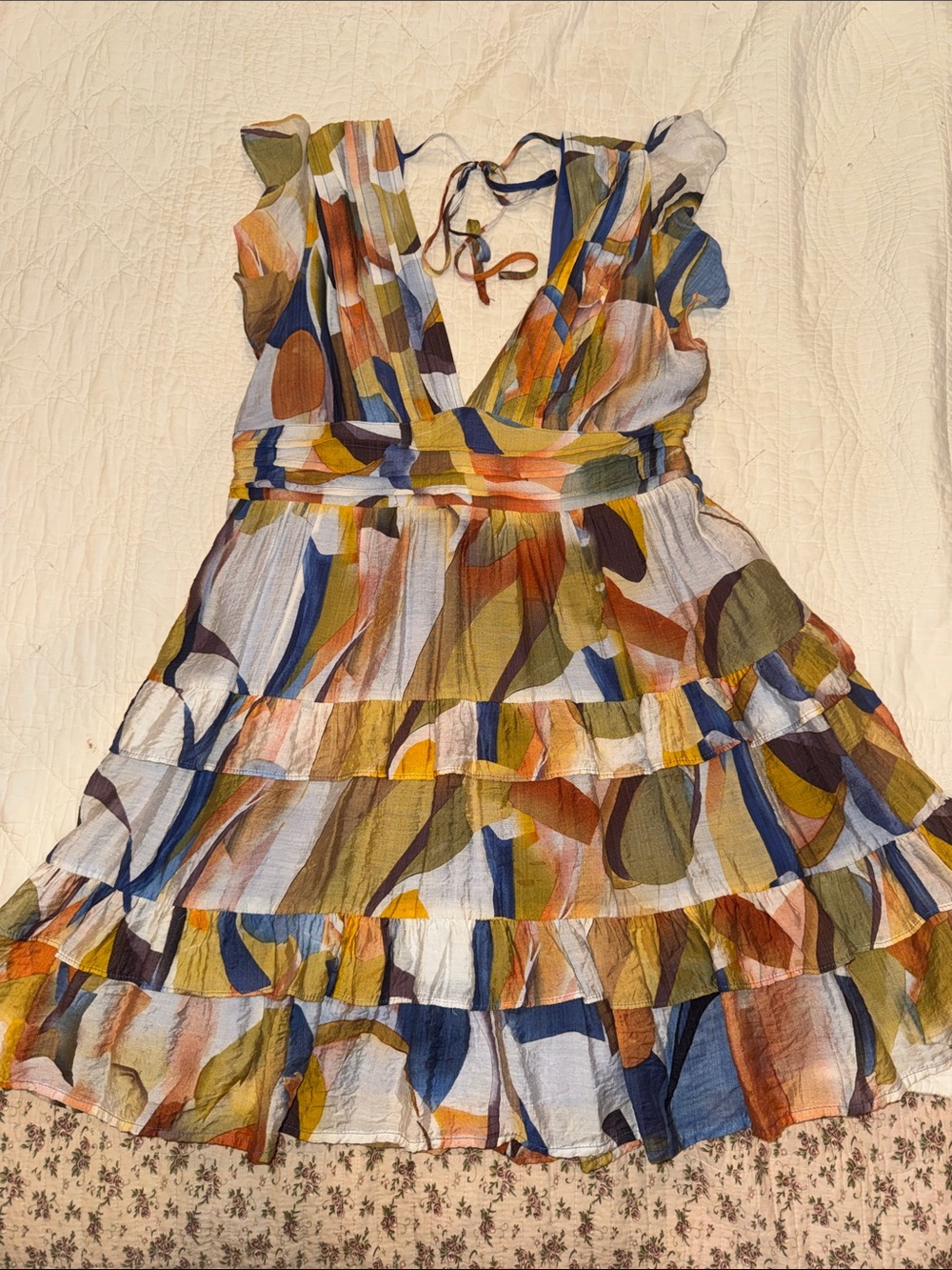 TCEC Abstract Brushstroke V-Neck Tiered Mini Dress — Blue, Olive, Mustard, Rust